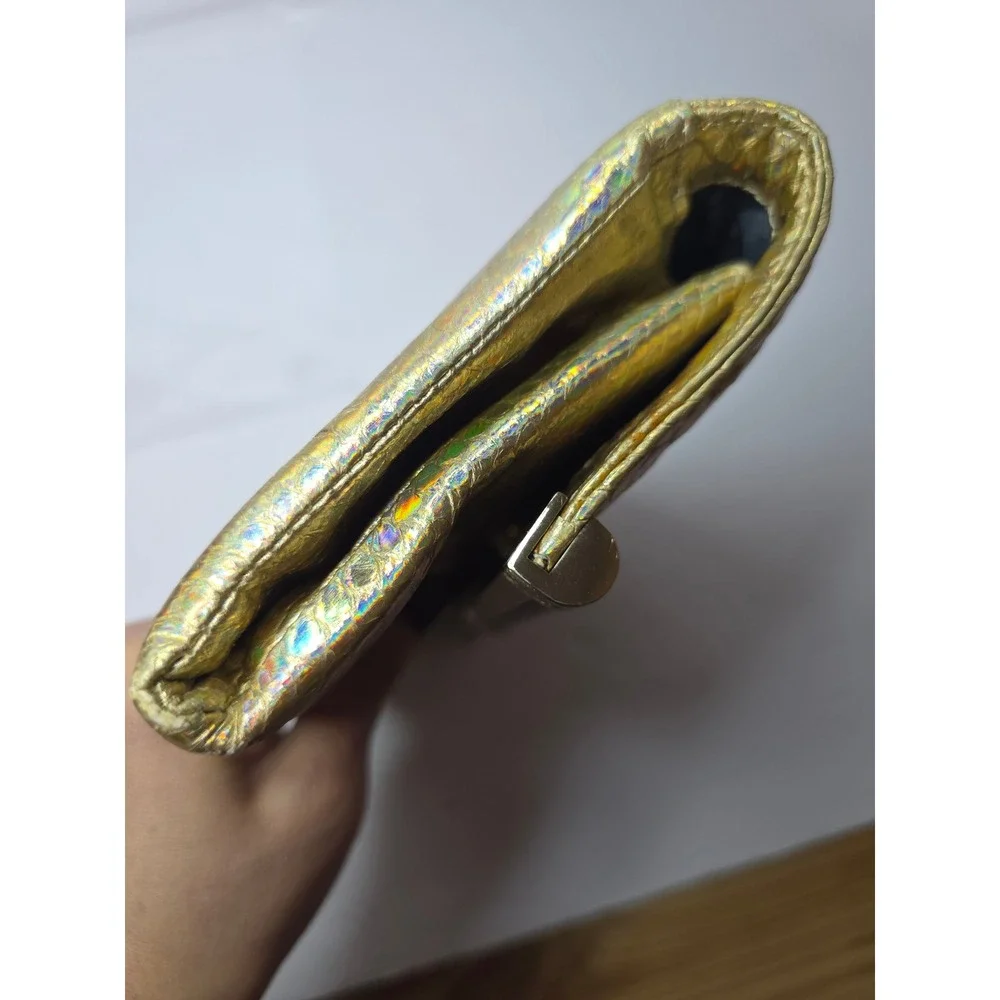 Diane von Furstenberg Gold Holographic Snakeskin Clutch Bag Evening Envelope